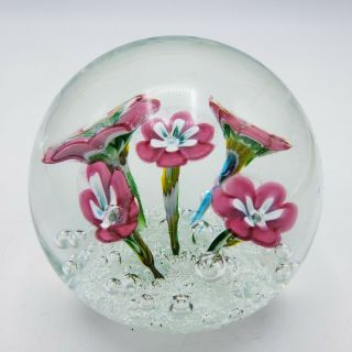 Vintage Art Glass Paperweight With Flowers