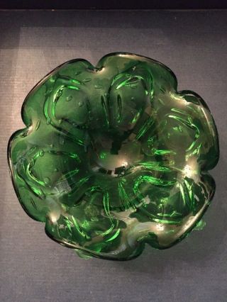 Heavy Murano Green Bubbles Art Glass Ashtray Bowl Dish Mid Century Modern