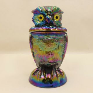 Nos Imperial Purple Amethyst Iridescent Carnival Glass Owl Candy Jar Lidded Dish