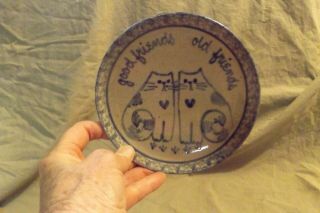 Vintage 5.  75 " Sponge & 2 Cats Decorated Pottery Dish Good Friends Old Friends