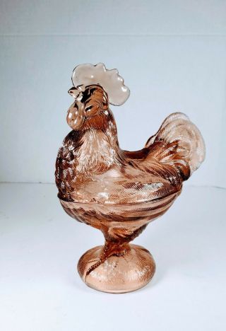 Westmoreland Rose Pink Glass Standing Rooster/chicken Farm Vtg Covered Dish
