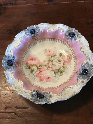 11 Inch Germany Porcelain Decorative Bowl,  Antique In Pink And Blue