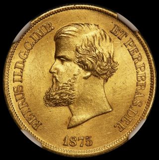 1875 Brazil 10000 Reis Gold Coin - Ngc Unc Details - Km 467