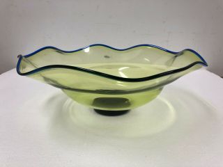 Vintage Blenko Hand Blown Art Glass Centerpiece Blue Green Ruffled Bowl Dish 07