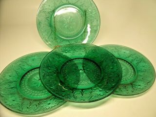 4 Tiara Indiana Glass Spruce Green Sandwich 10 3/8 " Dinner Plates Nib 10493