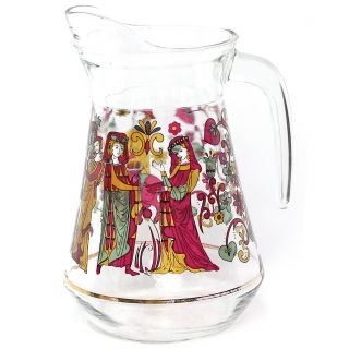Vintage Mid Century Made In France Glass Pitcher,  Medieval Men Women Graphics