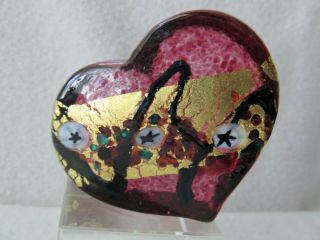 Robert Held Art Glass Iridescent Heart Paperweight Signed By Artist Gold Leaf
