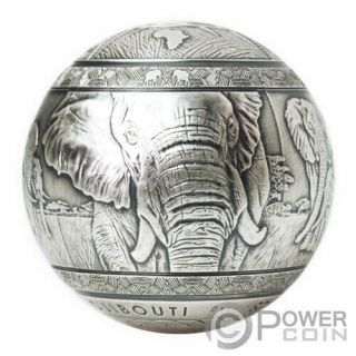 BIG FIVE ELEPHANT Spherical 1 Kg Kilo Silver Coin 1000 Francs Djibouti 2020 3