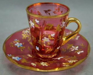 Bohemian Moser Type Hand Enameled & Gold Cranberry Cup & Saucer C.  1880 - 1900