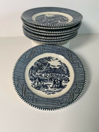 Set Of 8 Currier & Ives Blue White 6 1/4 