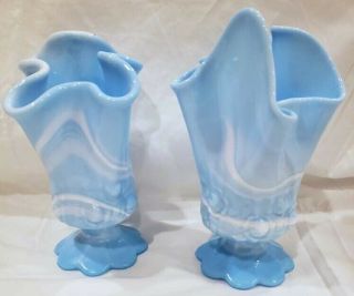 2 Vintage Fenton Blue Slag Marble Cabbage Rose Handkerchief Vase 6 1/2”