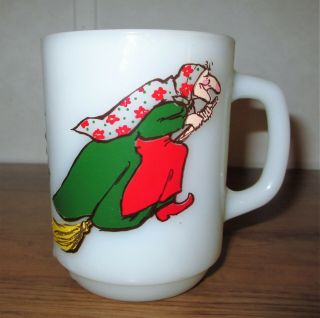 Vintage Norwegian Kitchen Witch Anchor Hocking Milk Glass Mug Coffee Cup