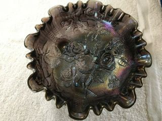 Vintage Pre 1940s Imperial Glass Iridescent Deep Purple Footed Crimped Bowl