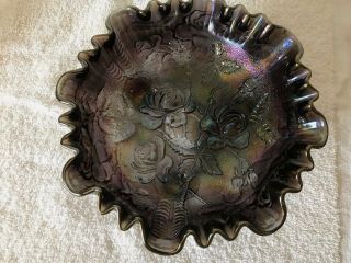 VINTAGE pre 1940s IMPERIAL GLASS IRIDESCENT DEEP PURPLE FOOTED CRIMPED BOWL 3