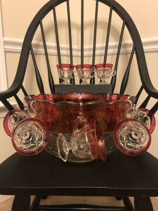 Vintage 12 Pc Indiana Glass Lexington Ruby Red Punch Bowl,  Footed Cups,  8 Hooks