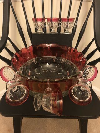 Vintage 12 PC Indiana Glass Lexington Ruby Red Punch Bowl,  Footed Cups,  8 Hooks 2