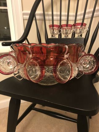 Vintage 12 PC Indiana Glass Lexington Ruby Red Punch Bowl,  Footed Cups,  8 Hooks 3