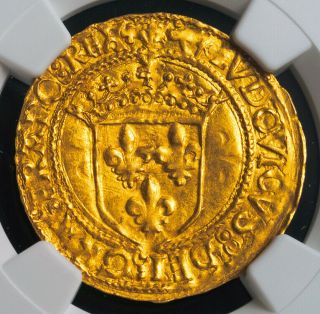 1515,  Royal France,  Louis Xii.  Scarce Gold " Ecu " (with Sun) Coin.  Ngc Ms - 62