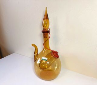 Nos Hand Blown Amber Glass Wine Bottle Decanter Ice Chamber Glass Stopper Italy