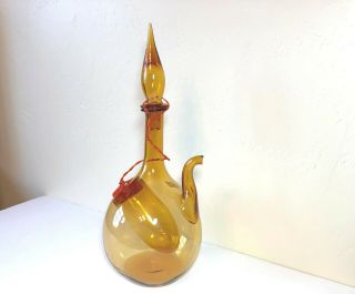 NOS Hand Blown Amber Glass WINE BOTTLE DECANTER Ice Chamber Glass Stopper ITALY 2