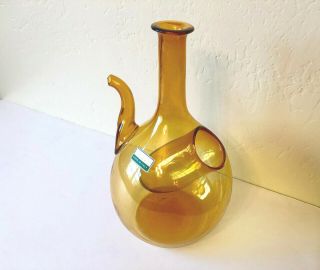 NOS Hand Blown Amber Glass WINE BOTTLE DECANTER Ice Chamber Glass Stopper ITALY 3