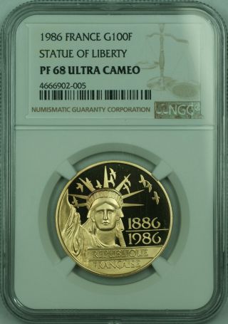 1986 France Gold Proof 0.  5 Oz 100 Francs Statue Of Liberty Coin Ngc Pf - 68 Uc