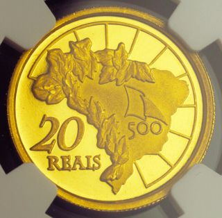 2000,  Brazil (republic).  Proof Gold 20 Reais " Discovery Anniv.  " Coin.  Ngc Pf - 66
