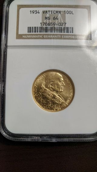 1934 Vatican 100 Lire Gold Coin Ngc Ms 64 Only 2533 Mintage.  2546 Oz Agw