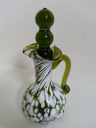 Vintage Hand Blown By Rainbow Green White Ruffled Rim Decanter With Stopper Usa