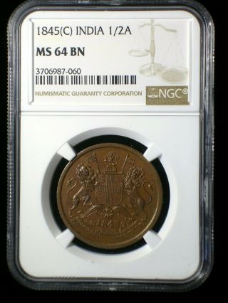 British East India Company 1845 C 1/2 Anna Ngc Ms - 64 Rare Only 4 Graded Higher