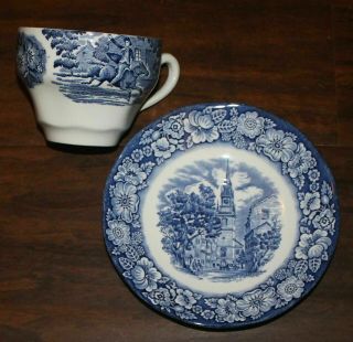 Staffordshire England Liberty Blue Tea Cup & Saucer Plate Old North Church
