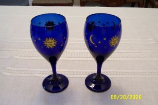 Set Of 2 Libbey Cobalt Blue Celestial Wine Glasses Goblets Sun Moon Stars Libby