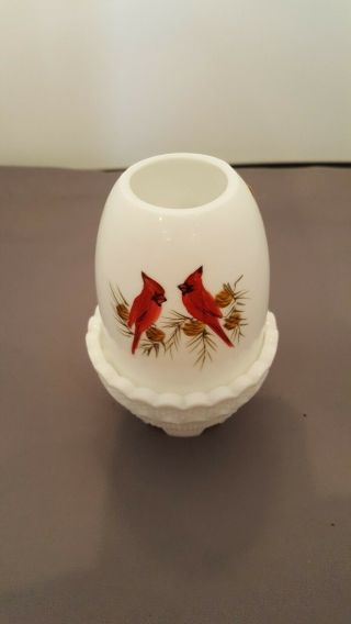 Fenton Cardinals In Winter White Milk Glass Hand Painted Signed Fairy Lamp