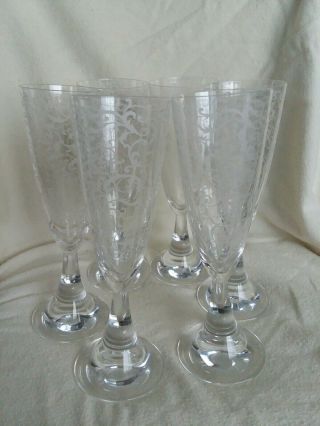 Vintage Fostoria Etched Crystal Footed Champagne Glasses 8 1/2 " Set Of 5.