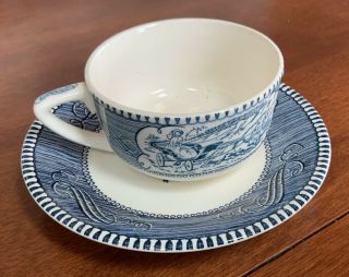 Vtg Royal China Usa Currier & Ives Blue Flat Cup & Saucer Set Plain Handle