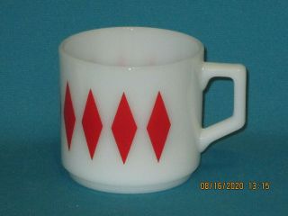 Vintage Fire King White With Red Diamonds Coffee Cup Mug Oven Ware D Handle