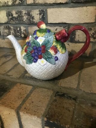 Fitz And Floyd China Basketweave Berry Patch Teapot,  1995,  Strawberries