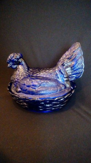 Large Cobalt Blue Glass Hen On Nest Covered Dish 8 1/2 " Long No Makers Mark