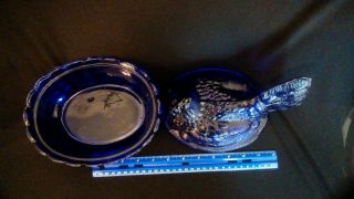 Large Cobalt Blue glass hen on nest covered dish 8 1/2 