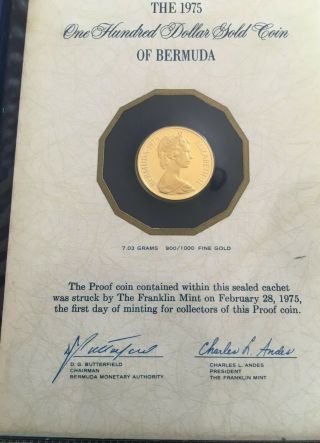 1975 Bermuda $100 Gold Proof Coin.  7.  03 Grams - 900/1000 Fine Gold.