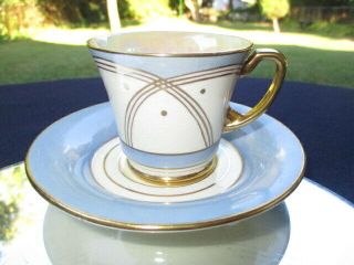 Cup Saucer Espresso Demitasse Crown Devon Art Deco Steel Blue & Gold Arches