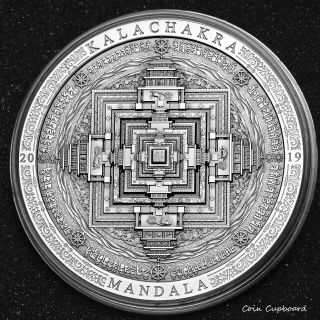 2019 - Mongolia - Kalachakra Mandala - 3oz.  999 Silver High Relief,  Antiqued