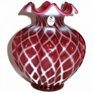 Fenton Cranberry Art Glass Ruffled Rim Vase,  Diamond Point,  6 1/4 " Tall