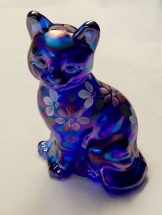 Fenton Carnival Glass Cat Iridized Cobalt Blue Hand Painted