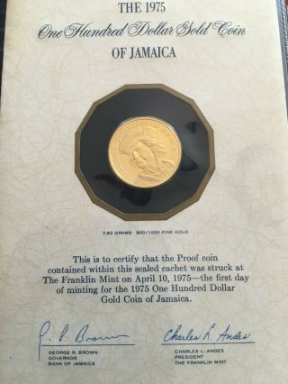 1975 Jamaica $100 Gold Proof Coin.  Cachet.  Franklin