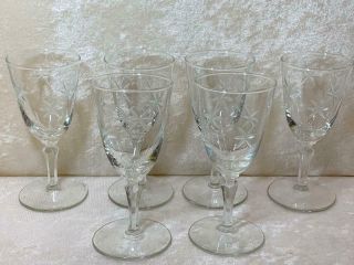 Set Of 6 Crystal Wine Glasses Etched Star Design 5 3/4 " Tall Vintage