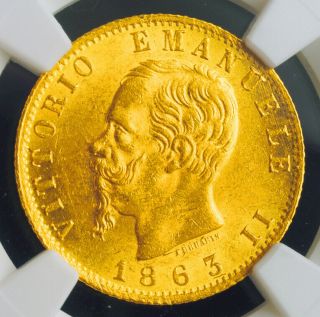 1863,  Kingdom Of Italy,  Victor Emmanuel Ii.  Gold 20 Lire Coin.  6.  45gm Ngc Ms61