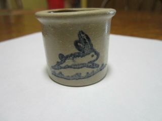 Vintage Miniature Salt Crock With Running Bunny Signed 1987 With Cross