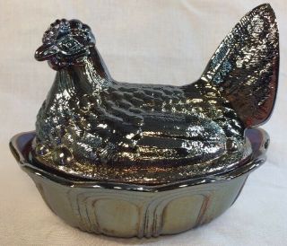 Fenton Art Glass Amethyst Carnival Covered Chicken / Hen On Nest