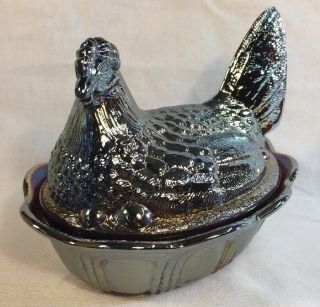 Fenton Art Glass Amethyst Carnival Covered Chicken / Hen On Nest 3